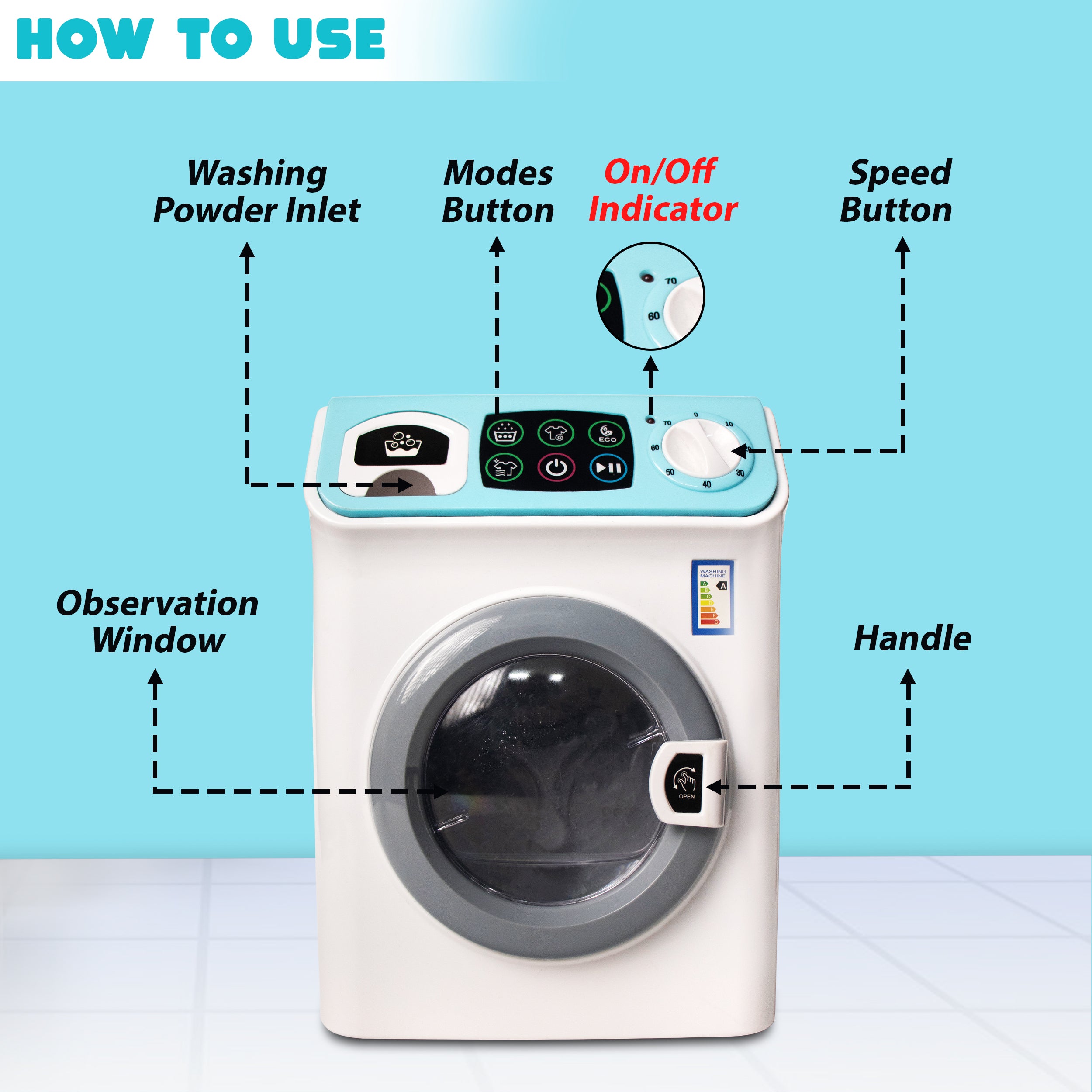 ILEARNNGROW  Mini Washing Machine Pretend Play Toy with Light & Realistic Sound for Kids